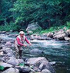 Chuck Edghill works a small stream in West Virgina for smallmouth bass, circa 1980.