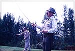 Legenday Orvis bamboo rod maker Wes Jordan tries one of his own rods at an Orvis pond in Vermont. June 1968. Photo taken during a trip to Cortland and Orvis with Tom Cooney, Wayne Grauer, and George R