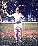 Legenday writer and fly fisherman Lee Wulff casting at a Saltwater Flyrodders of America conference on the Wye River. October 1989.